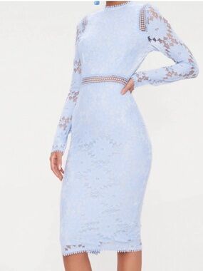Pretty Little Thing Light Blue Lace Long Sleeve Midi Dress sz 4